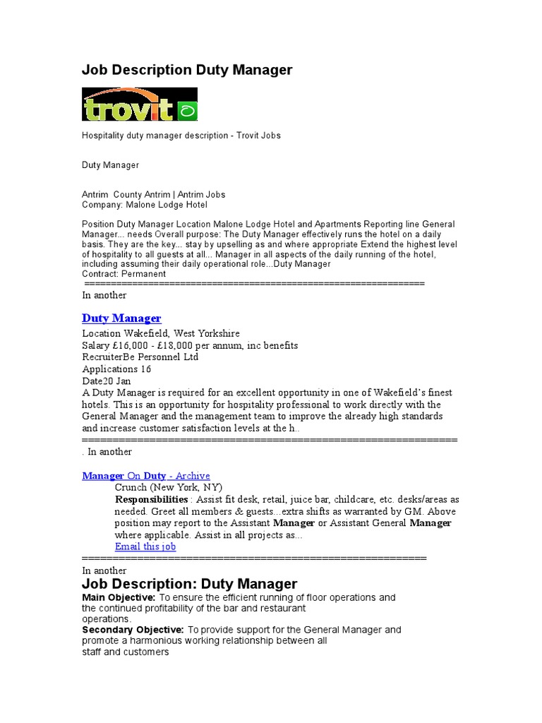 Job Description Duty Manager | PDF | General Manager | Bar