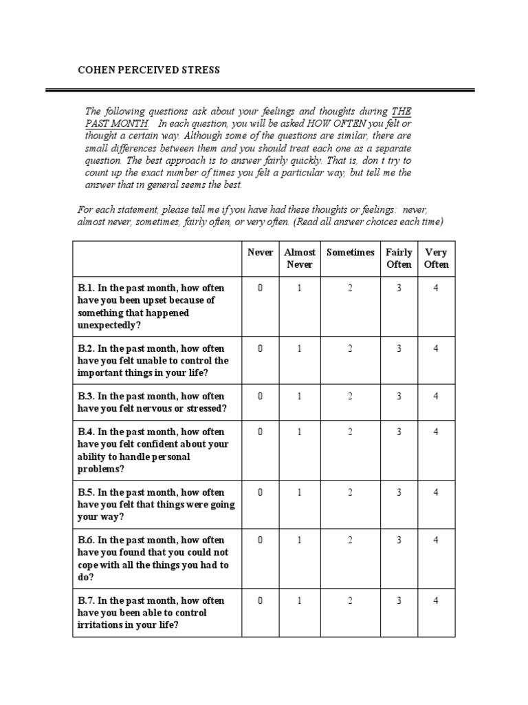 Cohen Perceived Stress Scale Stress Management Stress Biology