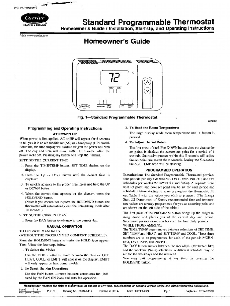 Carrier Standard Programmable Thermostat Homeowners Guide Installation