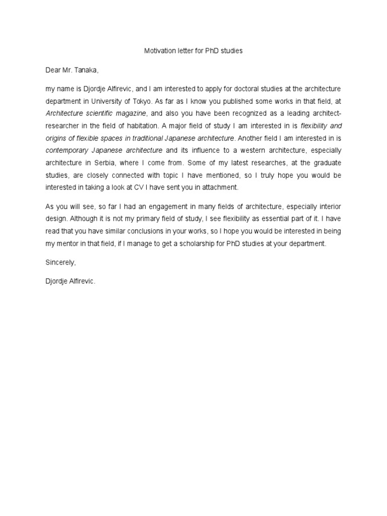motivation letter example for phd
