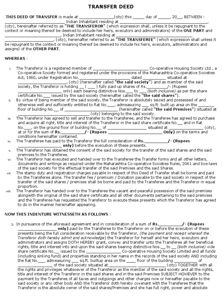 Transfer Deed (1) Covenant (Law) Deed