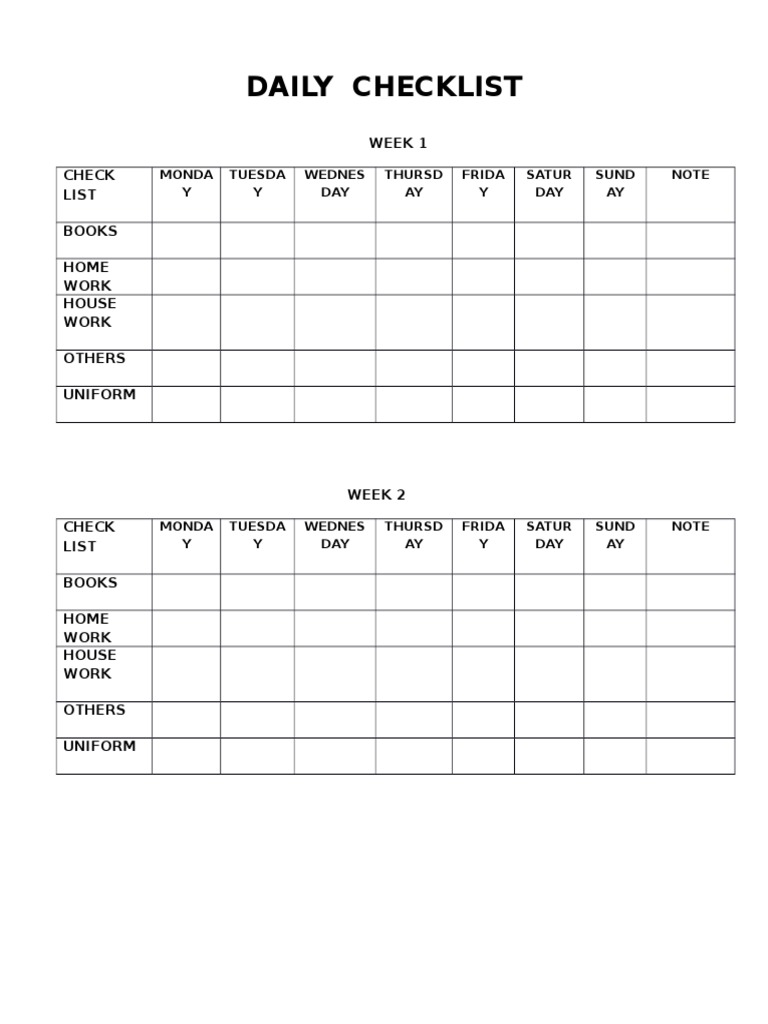 Weekly Daily Checklist Template | PDF | Home & Garden | Religion ...