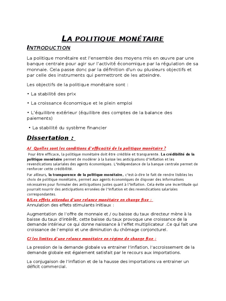 La Politique Monétaire Est elle Toujours Efficace Dissertation La Politique Monétaire | PDF | Politique monétaire | Dévaluation