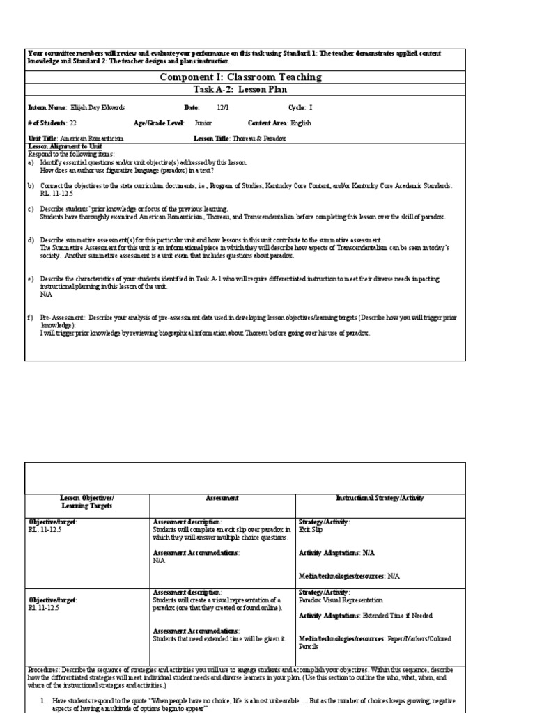Task A 2 Lesson Plan Paradox Pdf Sharing Educational Assessment