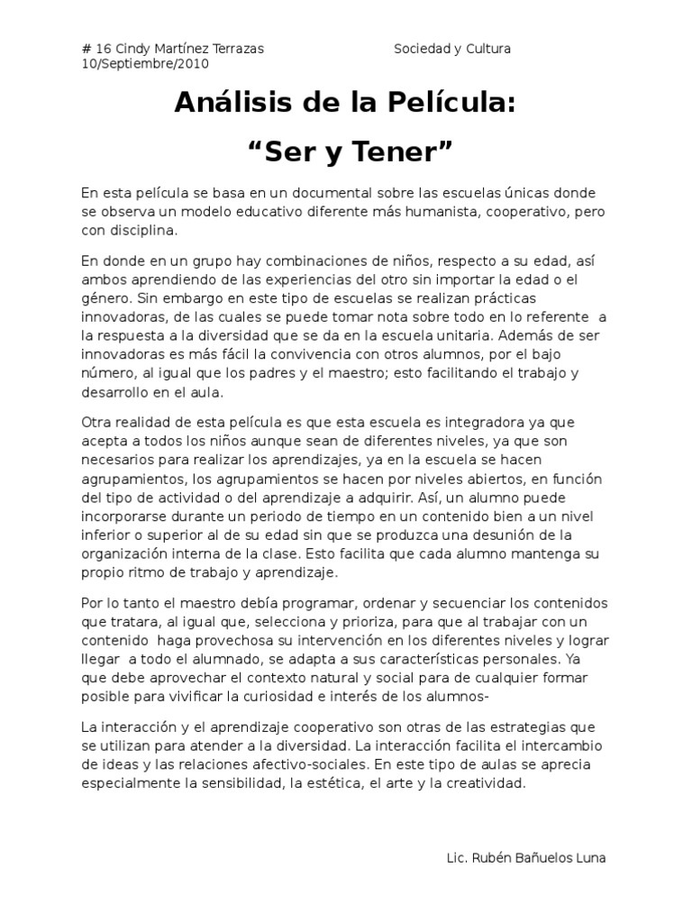 Análisis de La Película Ser y Tener PDF