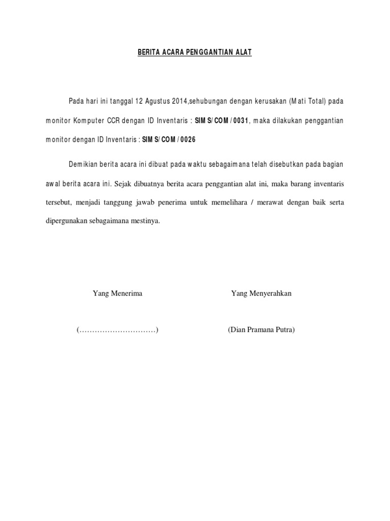 Contoh surat berita acara penggantian barang 5 7 Bandung 32098.