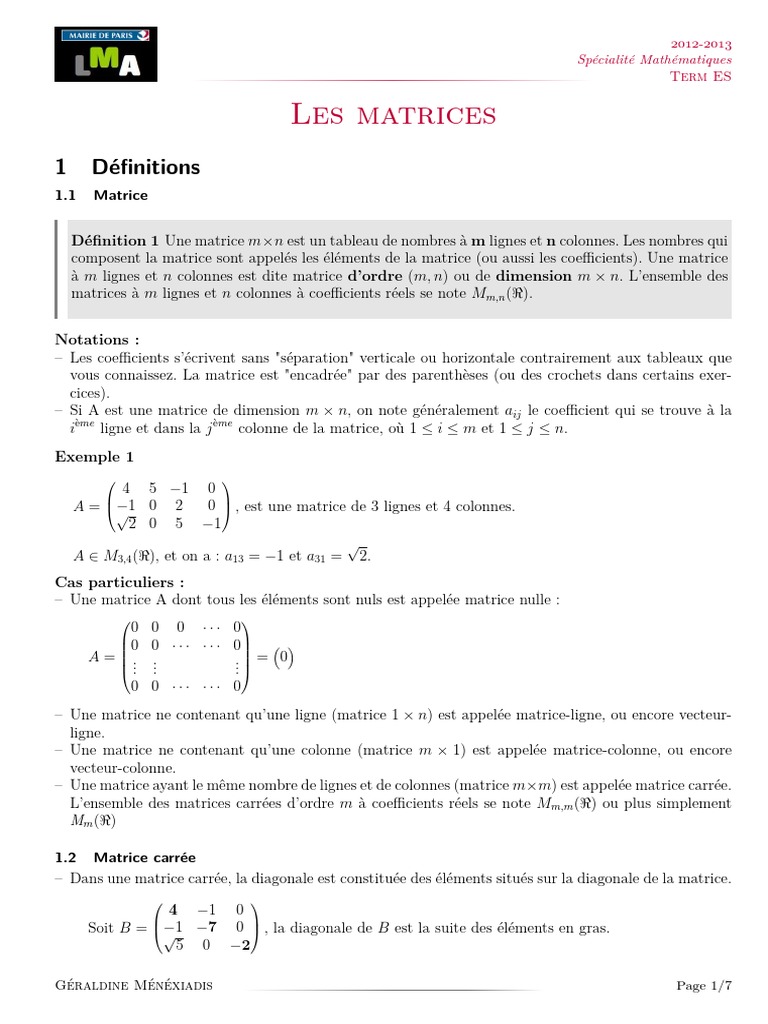 Introduction aux Matrices Mathématiques | PDF | Matrice (Mathématiques ...