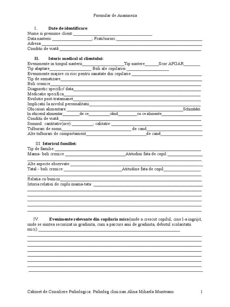 Formular de Anamneza Clinica | PDF