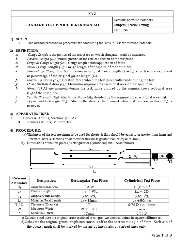 Standard Testing Procedure Tensile Testing Ultimate Tensile