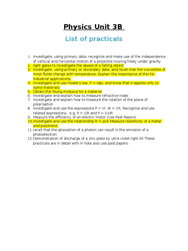 Physics Unit 3B List of Practicals
