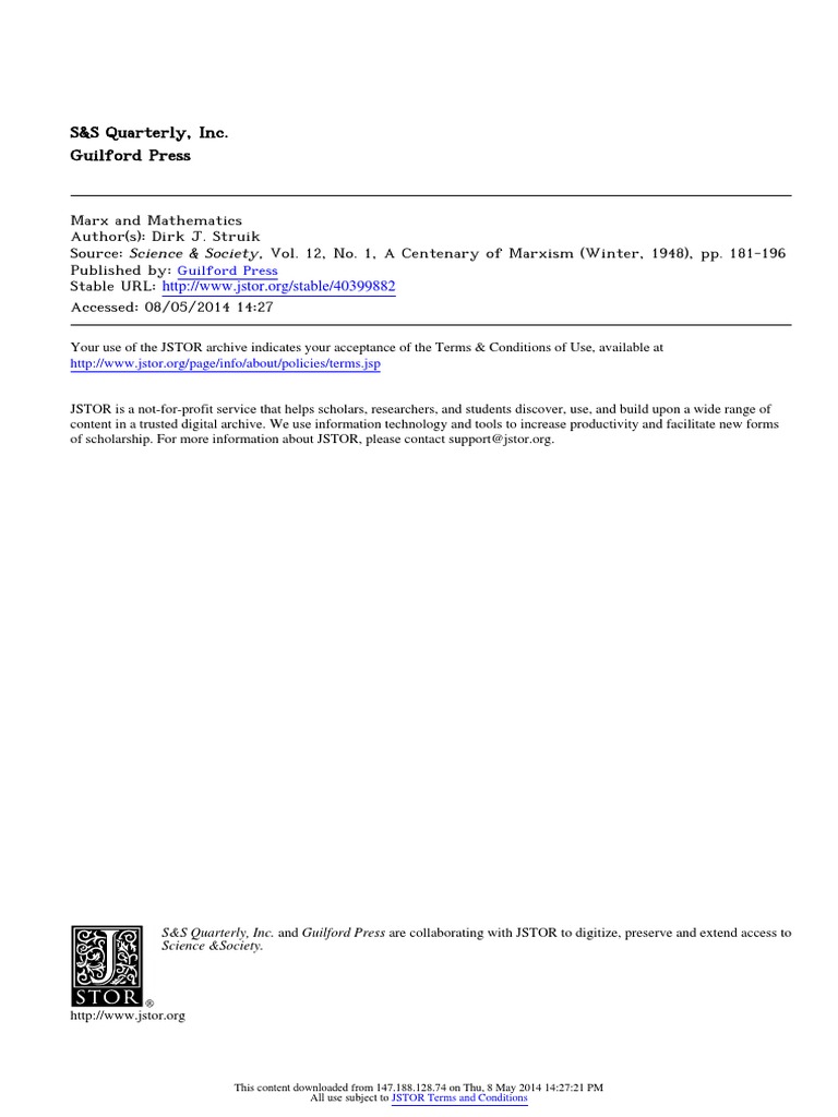 Struik Marx and Mathematics PDF Differential Calculus Friedrich