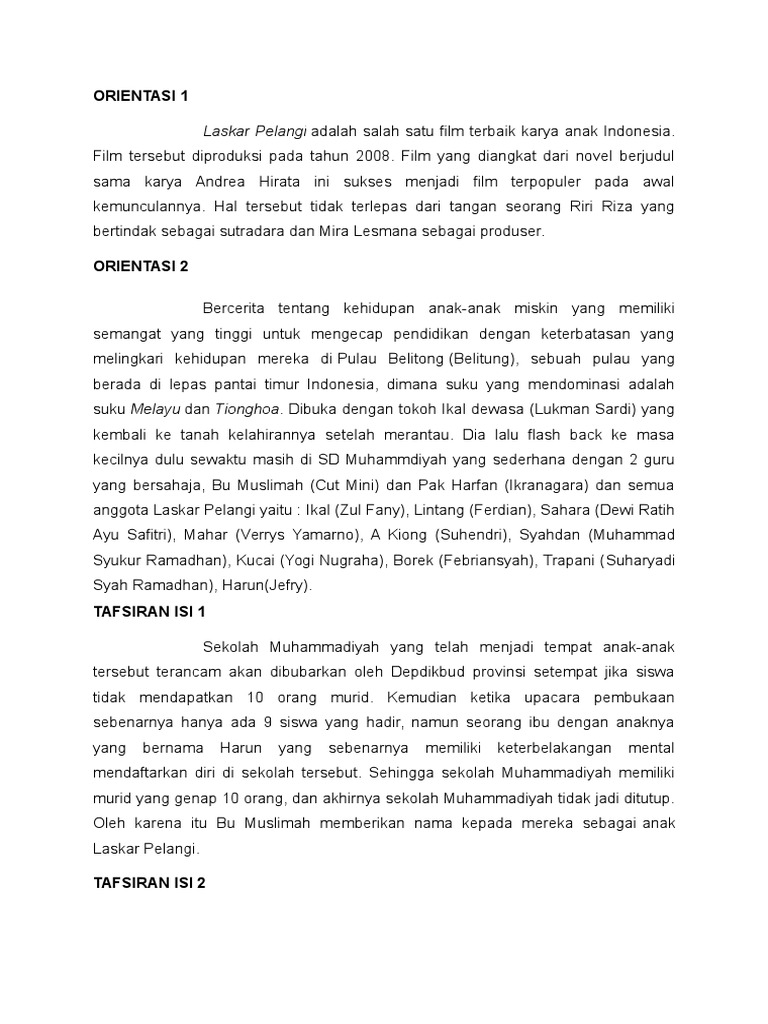 Ringkasan cerita novel laskar pelangi lengkap