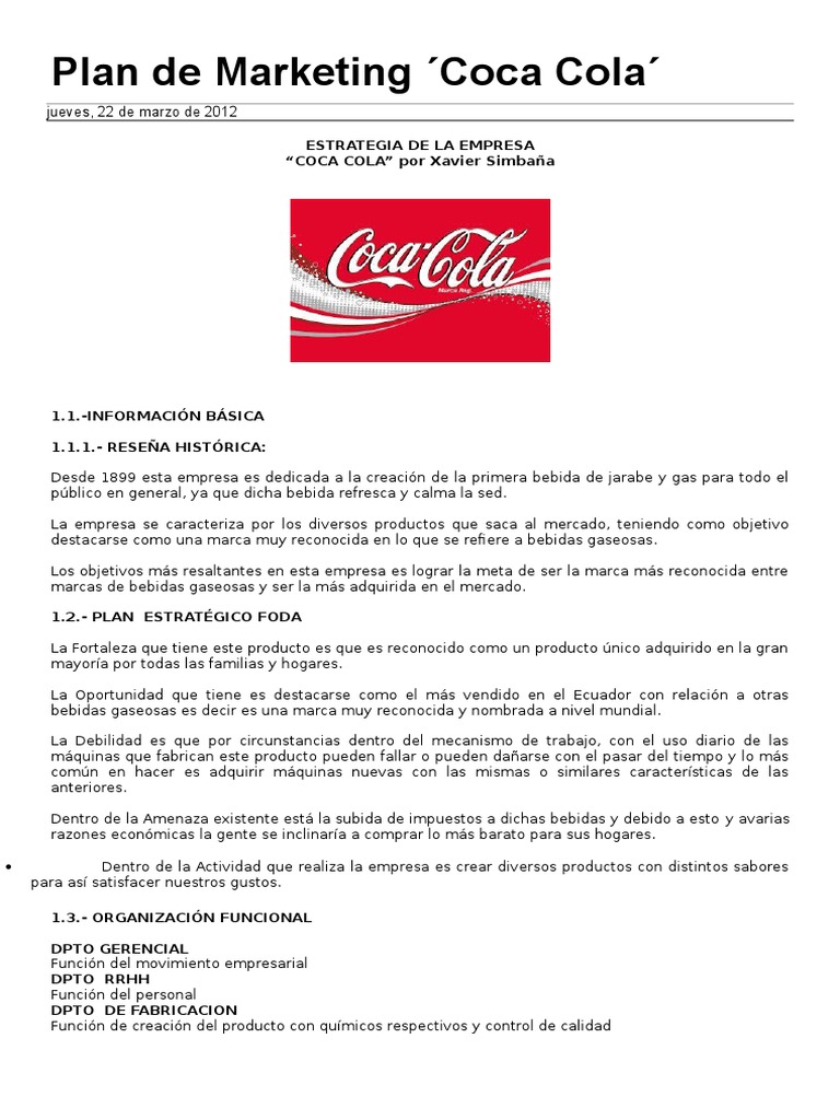Plan de Marketing Coca Cola | PDF | Coca Cola | Refresco