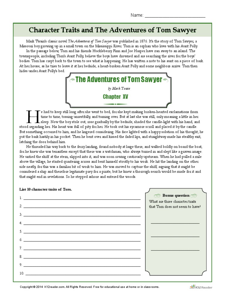 Character Traits And The Adventures Of Tom Sawyer The Adventures Of Tom Sawyer Huckleberry Finn