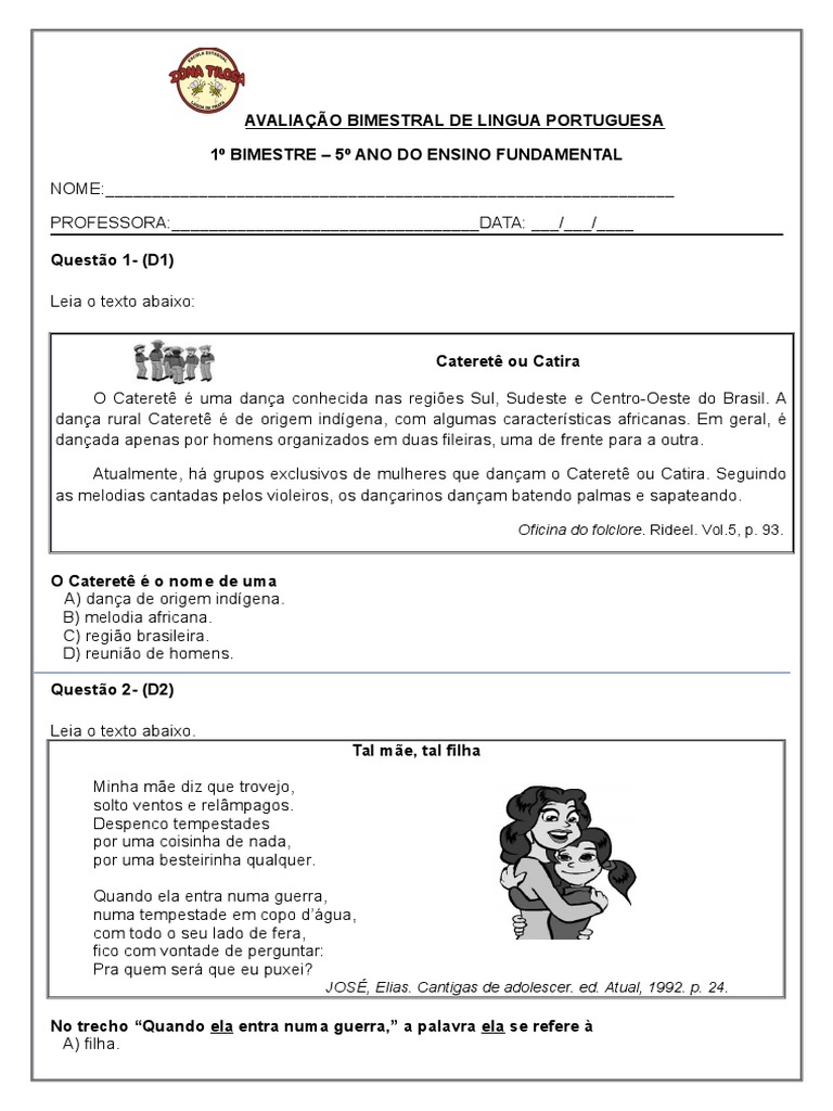 Avaliação Bimestral de Lingua Portuguesa 1º Bimestre | PDF | Batata ...