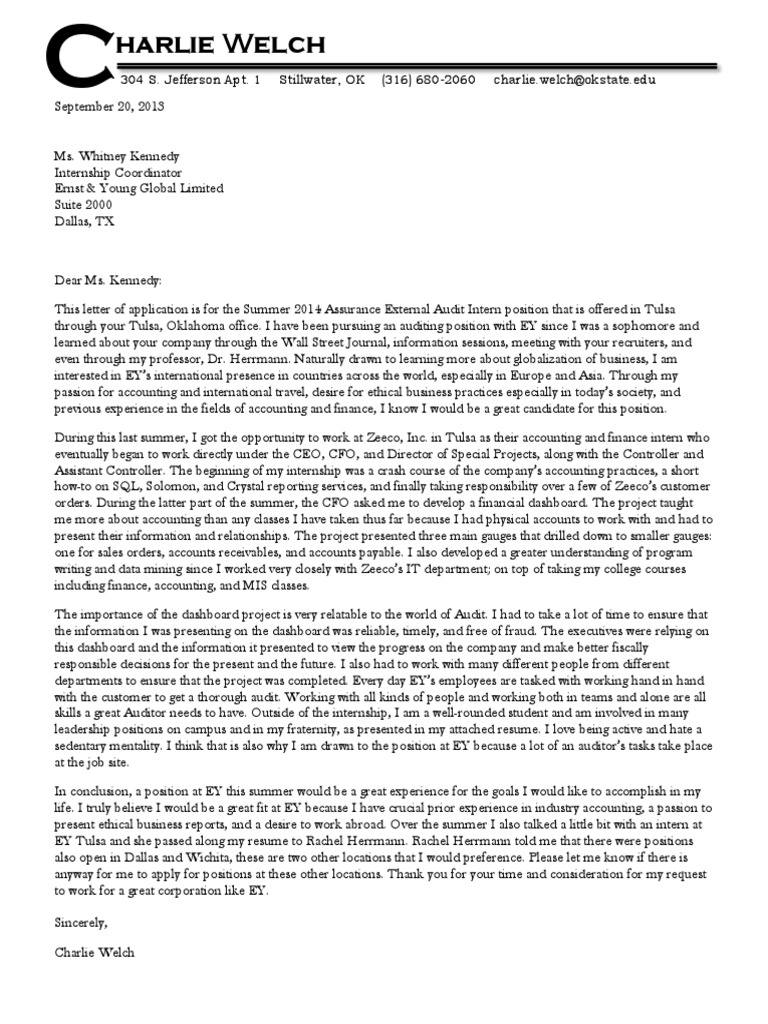 Cover Letter Ey Internship Job Hunting