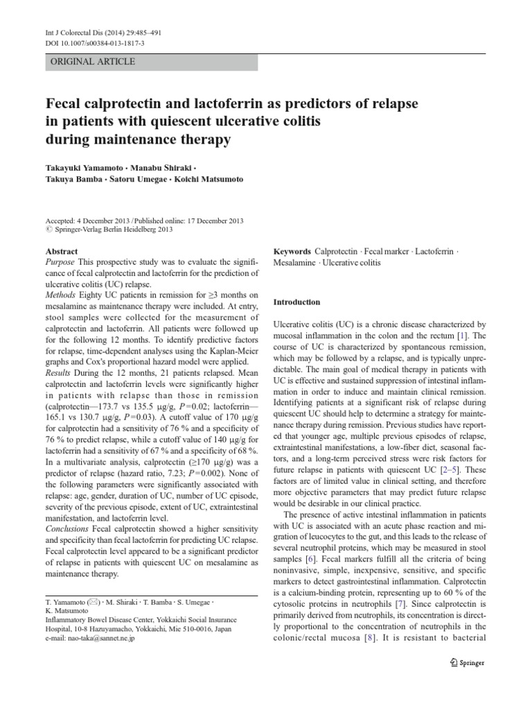 Fecal Calprotectin and Lactoferrin As Predictors of Relapse in Patients ...