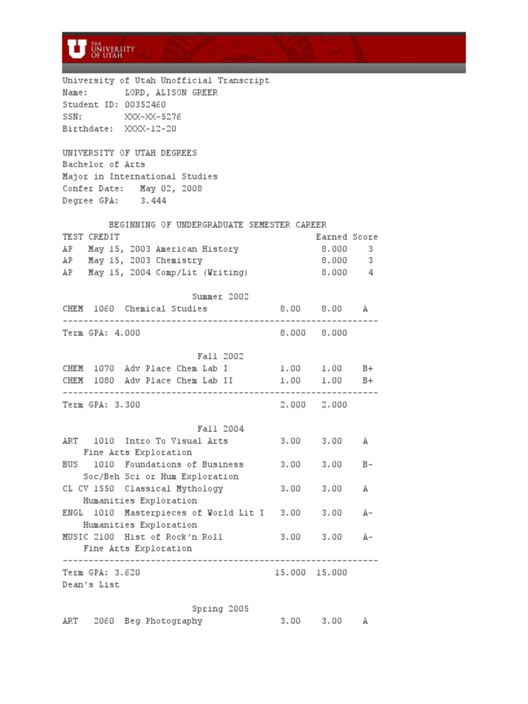 University of Utah Unofficial Transcript | PDF | Academia | Science