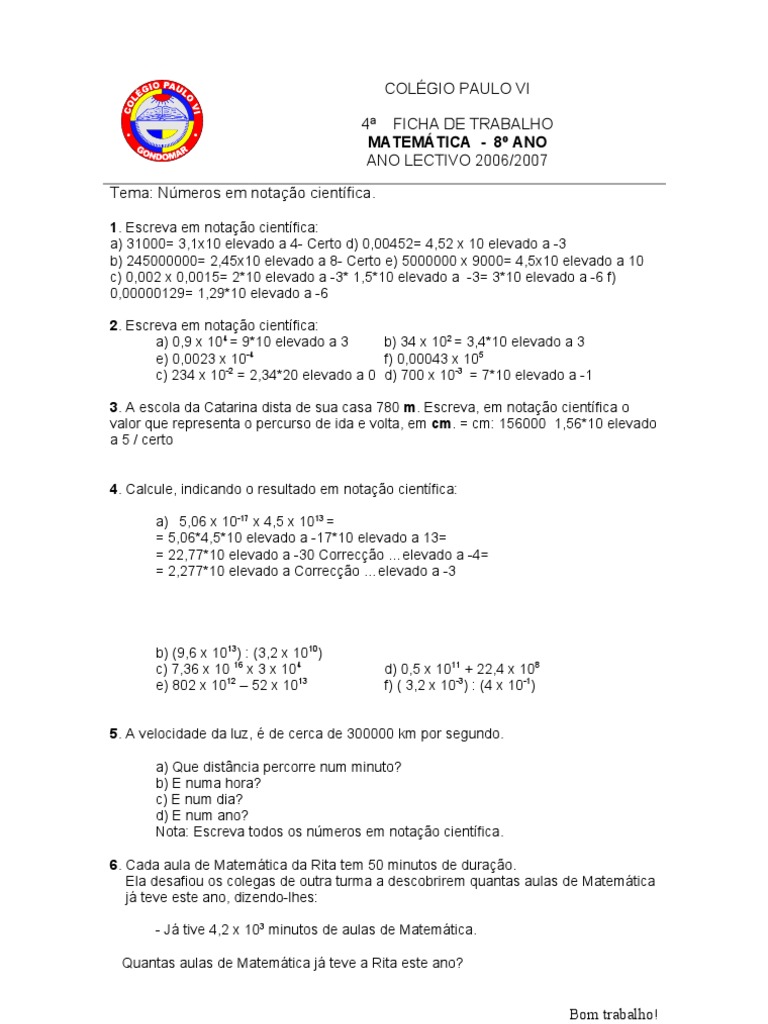 Aula 11 Notação Científica Exercícios Resolvidos 9°Ano 