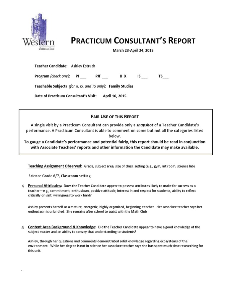 Practicum Report: Ashley Estruch | PDF | Lesson Plan | Teachers