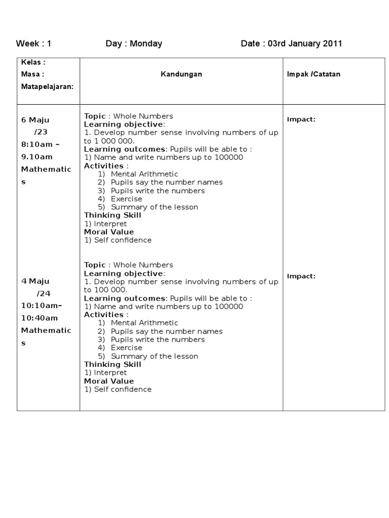 Week 1 Math Lesson Plan: Whole Numbers | PDF