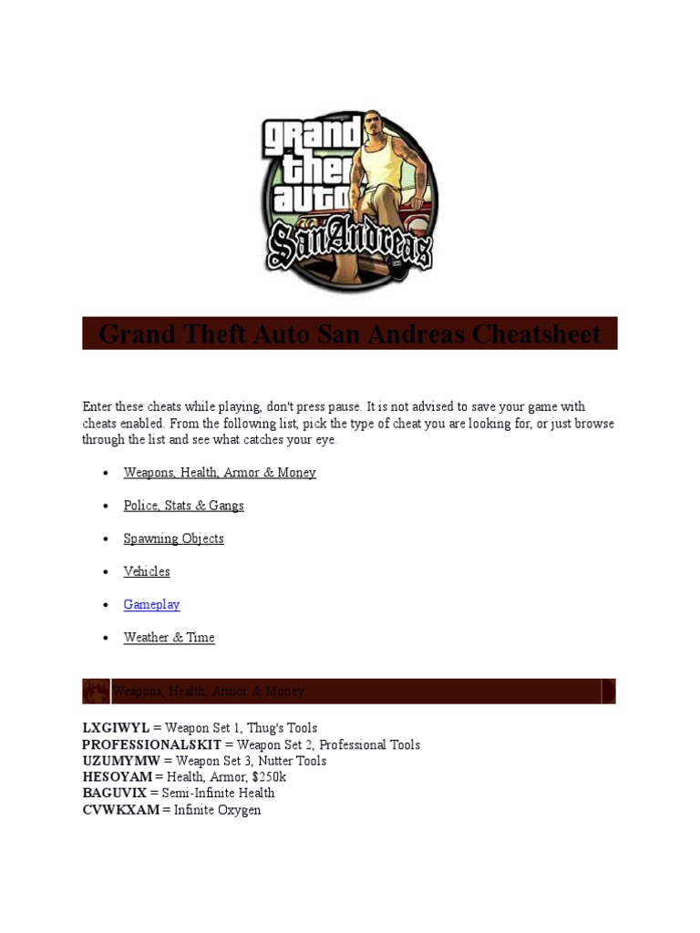 GTA San Andreas Cheatsheet | PDF | Leisure | Sports