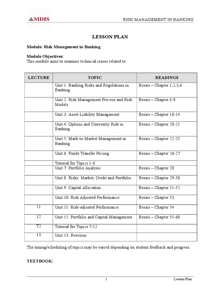 Banking Risk Management Lesson Plan | PDF