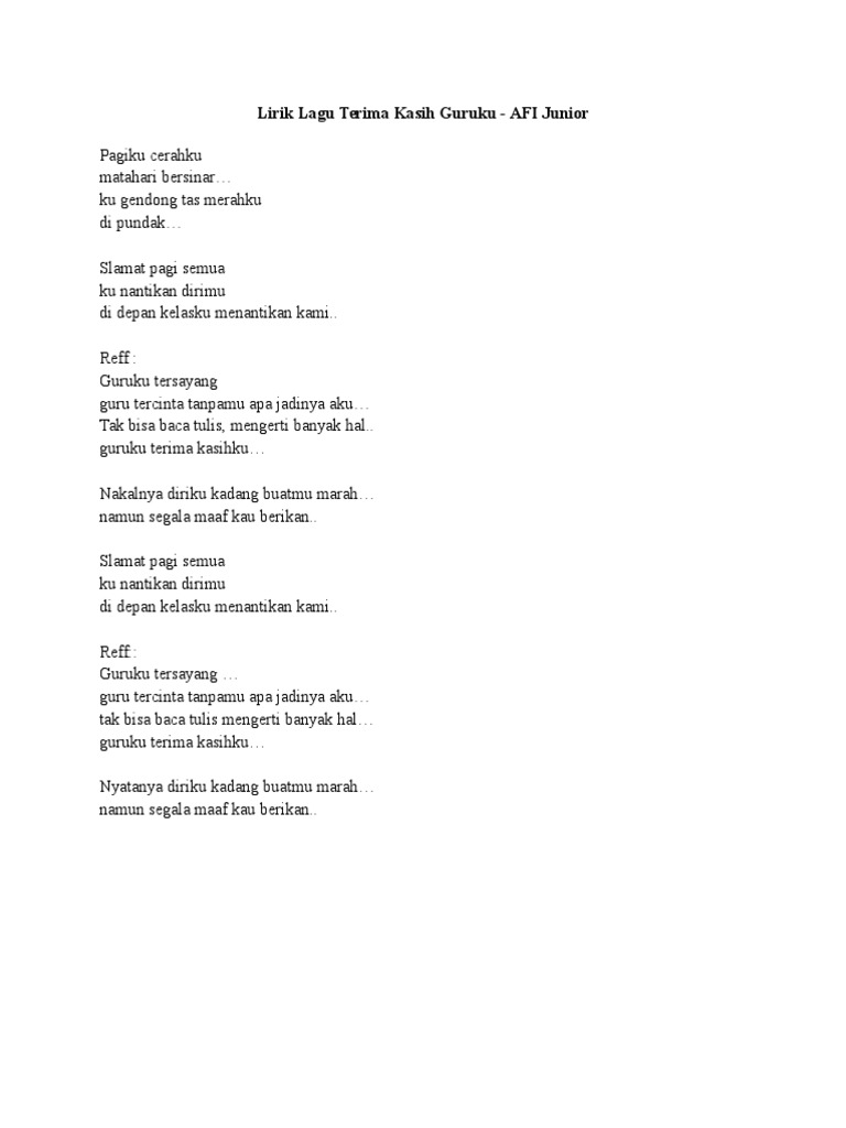 Lirik Lagu Terima Kasih Guruku
