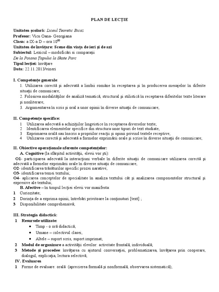 II Plan de Lecţie | PDF