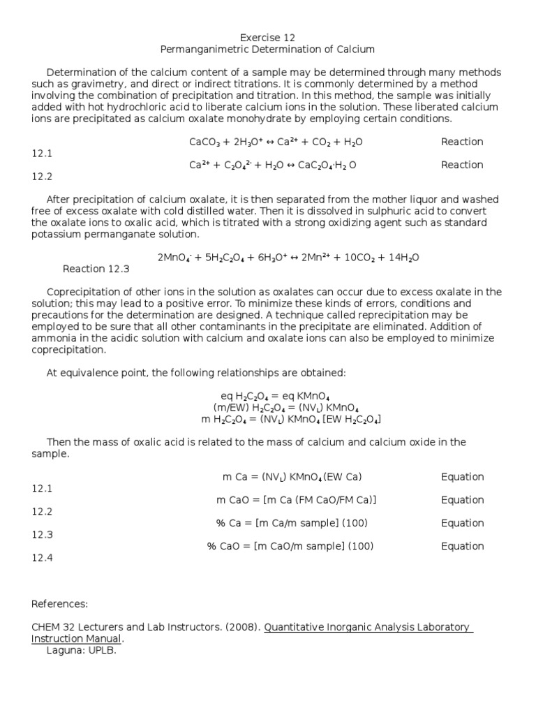 Exercise 12 Permanganimetric Determination Of Calcium Prelab Docx Titration Chemistry