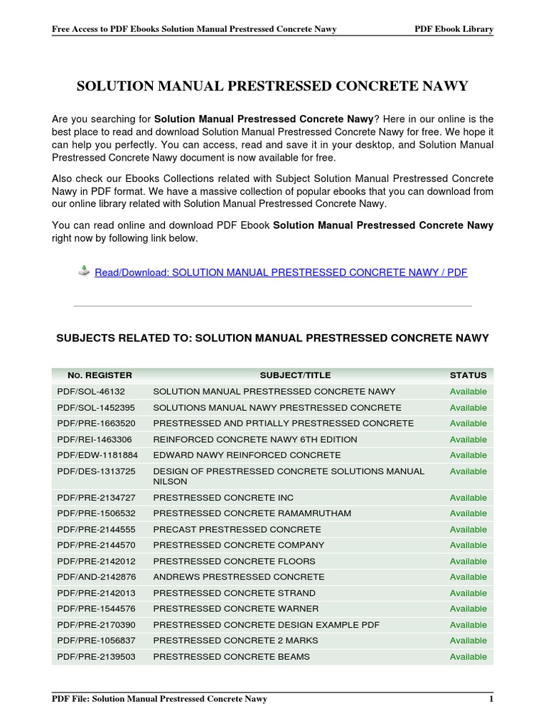 Solution Manual Prestressed Concrete Nawy | Prestressed Concrete | Precast  Concrete
