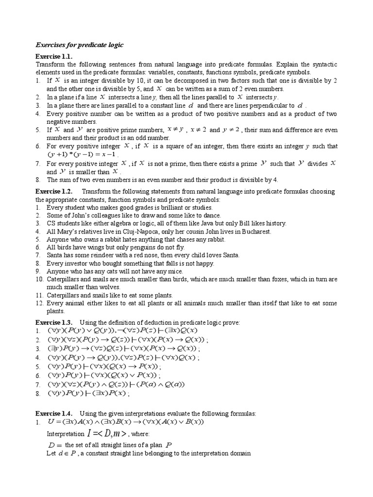 Exercises For Predicate Logic | PDF | First Order Logic | Prime Number