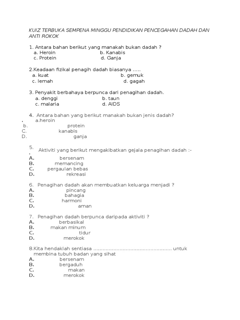 Kuiz Terbuka Sempena Minggu Pendidikan Pencegahan Dadah Dan Anti Rokok ...