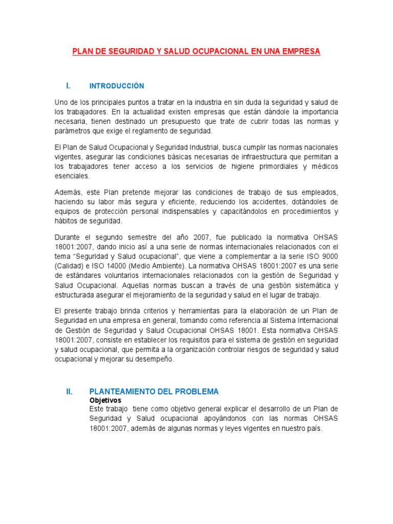 Plan de Seguridad y Salud Ocupacional en Una Empresa | PDF | La ...