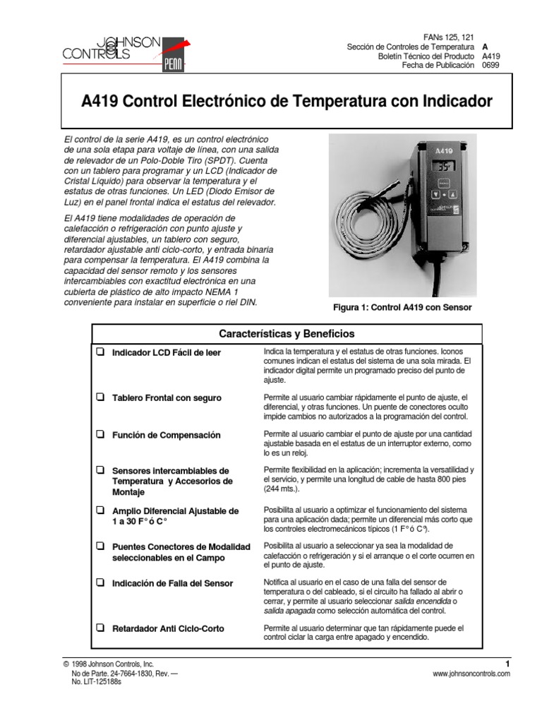 Manual Controlador de Temperatura JOHNSON CONTROLS A419 PDF Diodo
