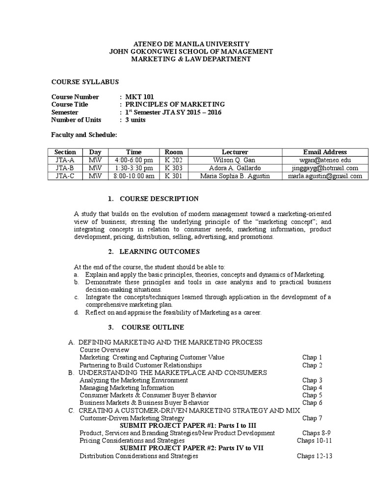 MKT 101 Principles of Marketing Syllabus | PDF | Market Segmentation ...