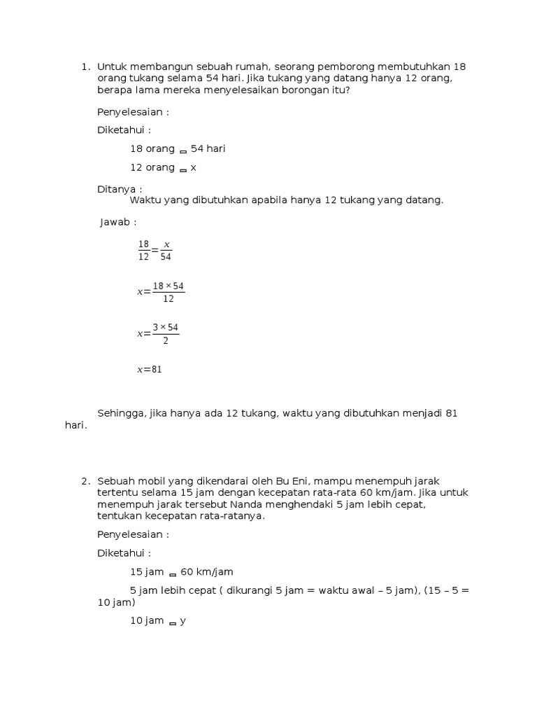 Soal Dan Pembahasan Perbandingan Berbalik Nilai Kelas 7