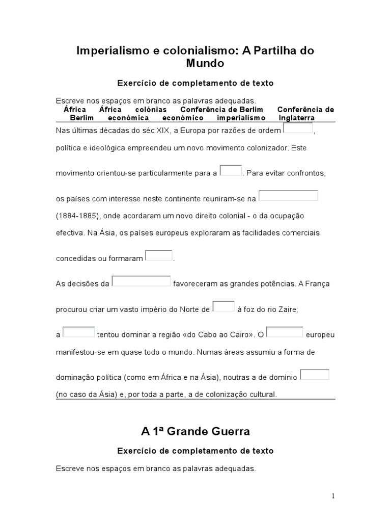 Exercícios Sobre A 1 Guerra Mundial | PDF | Primeira Guerra Mundial ...