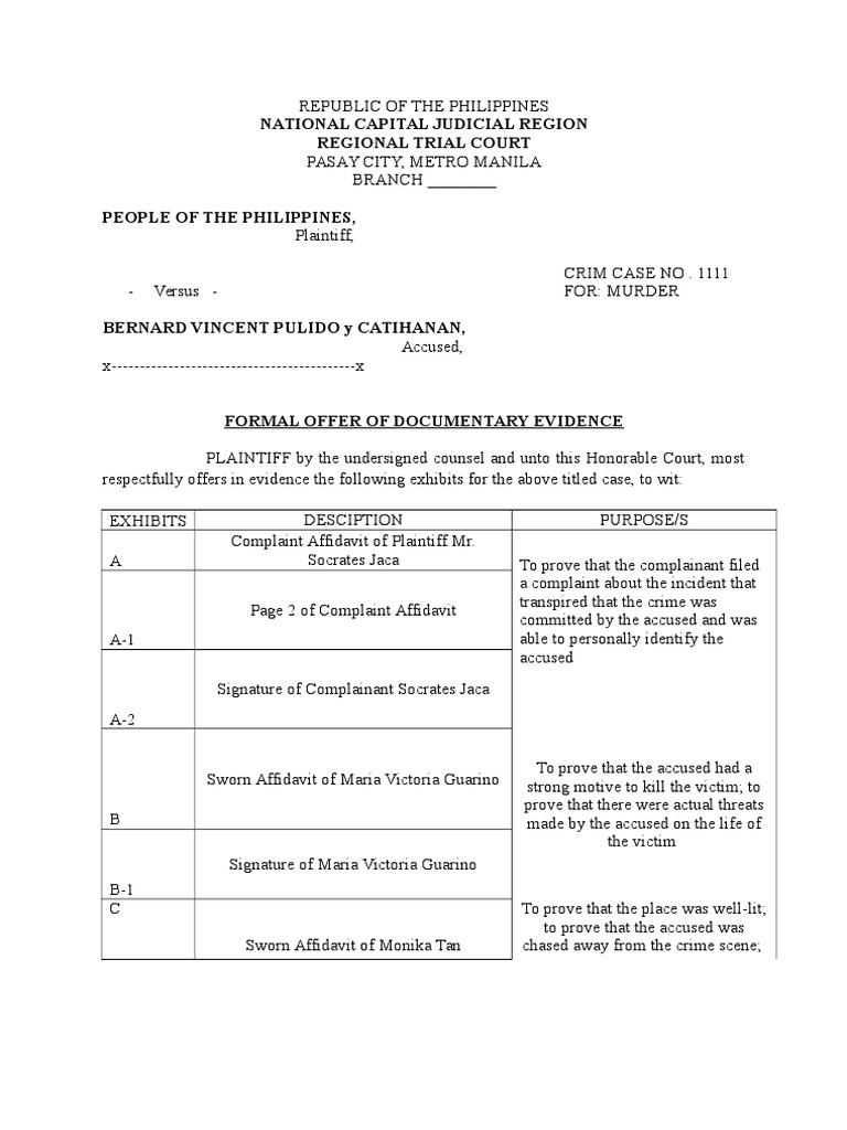 Formal Offer of Evidence in Murder Case | PDF | Affidavit | Common Law