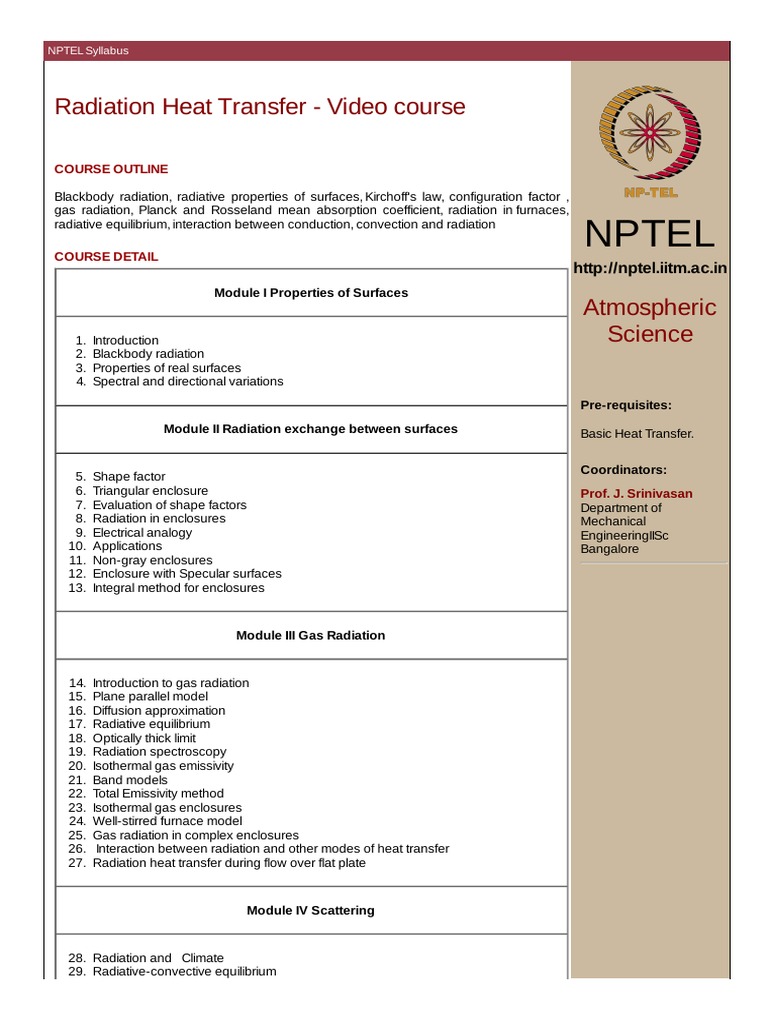 Nptel: Radiation Heat Transfer - Video Course | PDF