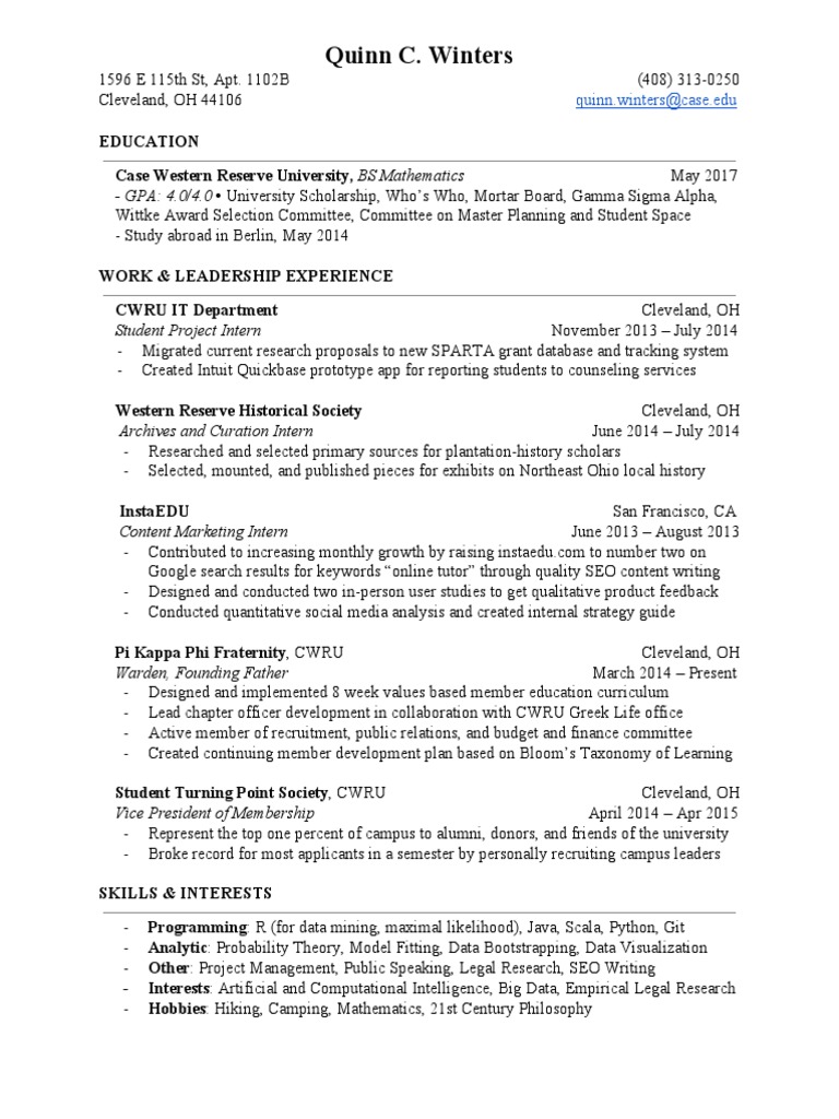 Quinn C. Winters: Math Graduate Resume | PDF | Career & Growth