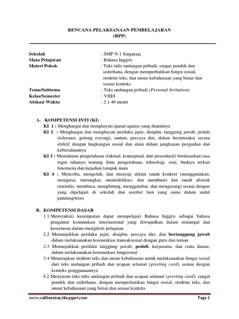 RPP Bahasa Inggris Kelas 8 Kurikulum 2013 (Personal