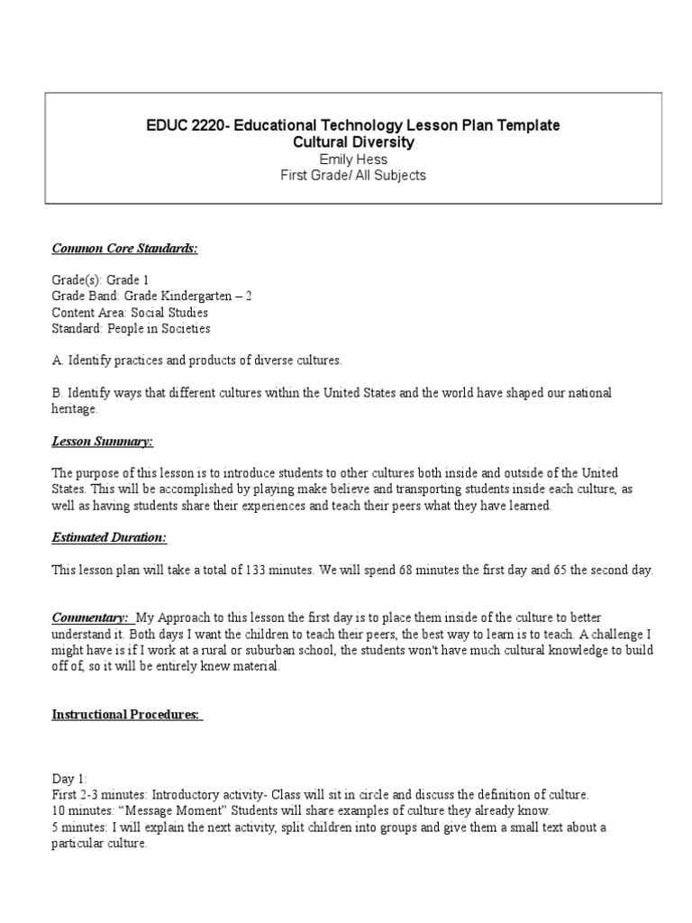 First Grade Cultural Diversity Lesson Plan | PDF | Lesson Plan ...