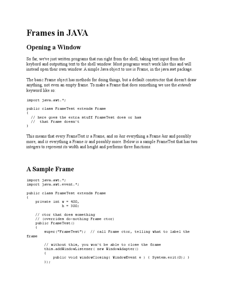 Frames in JAVA: Opening A Window | PDF | Constructor (Object Oriented ...