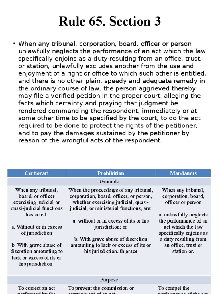 Rule 65: Mandamus Procedures Explained | PDF | Mandamus | Legal Procedure