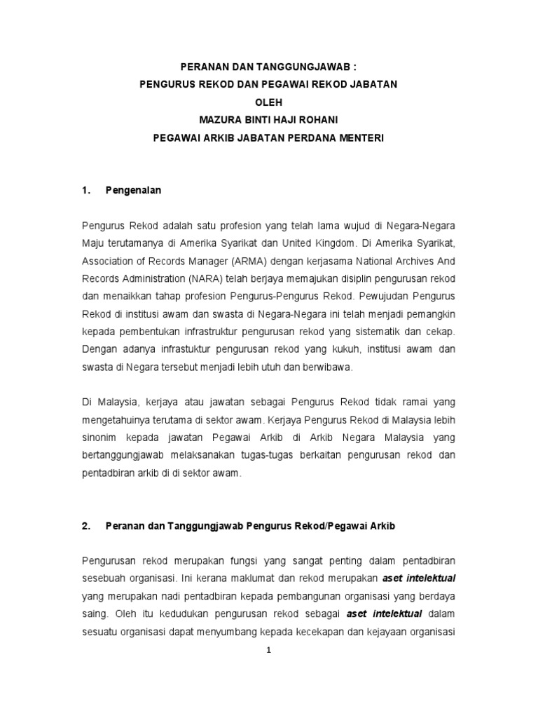 Peranan Tanggungjawab Pengurus Rekod Pegawai Rekod Jabatan Pdf