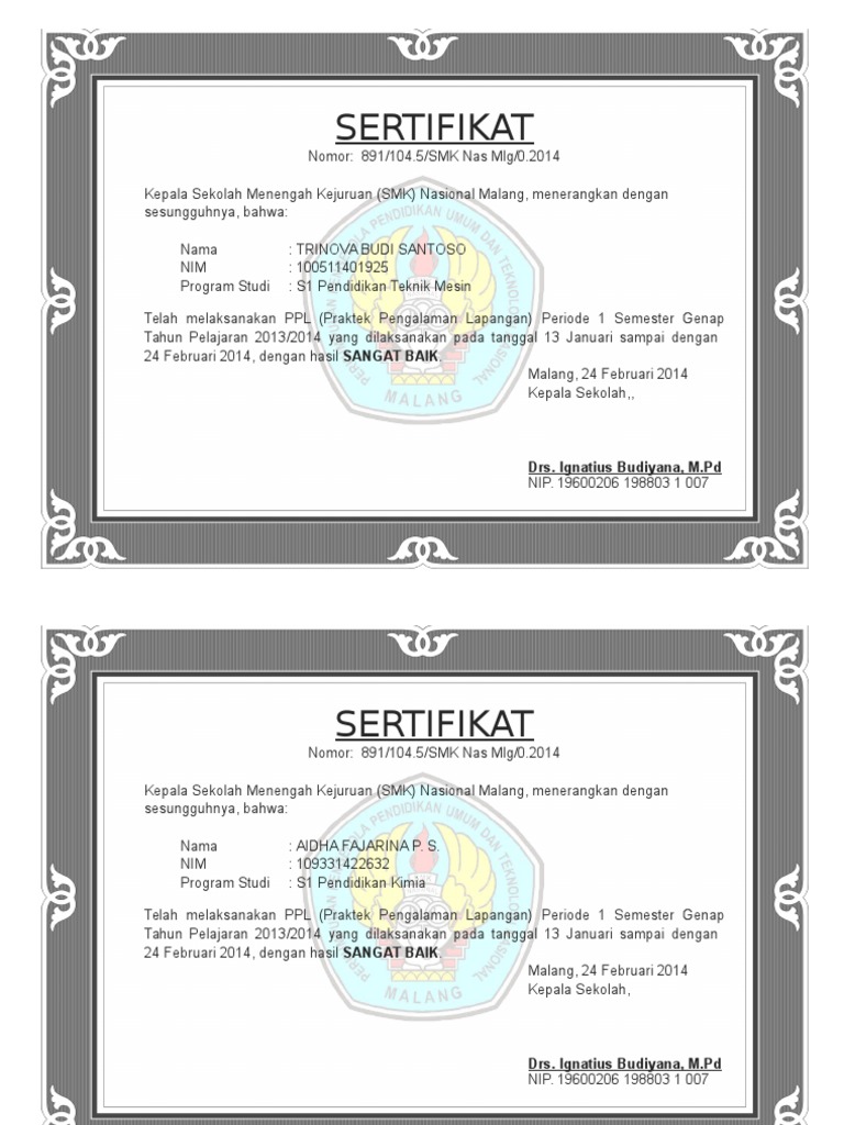 Contoh Sertifikat