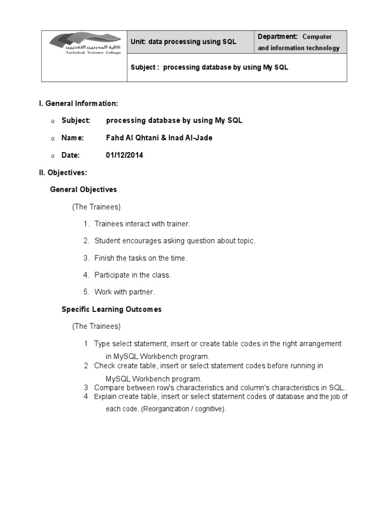 SQL Lesson Plan with MySQL Workbench | PDF | Sql | Databases