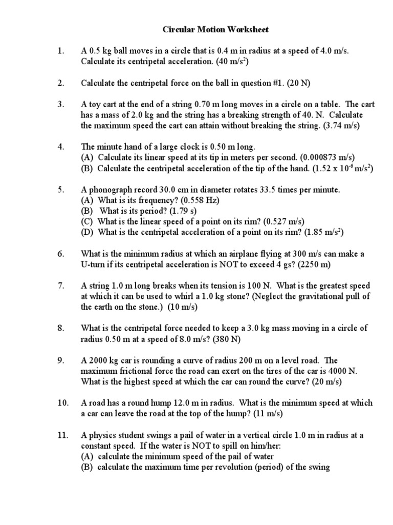 Circular Motion Worksheet Tension Physics Acceleration