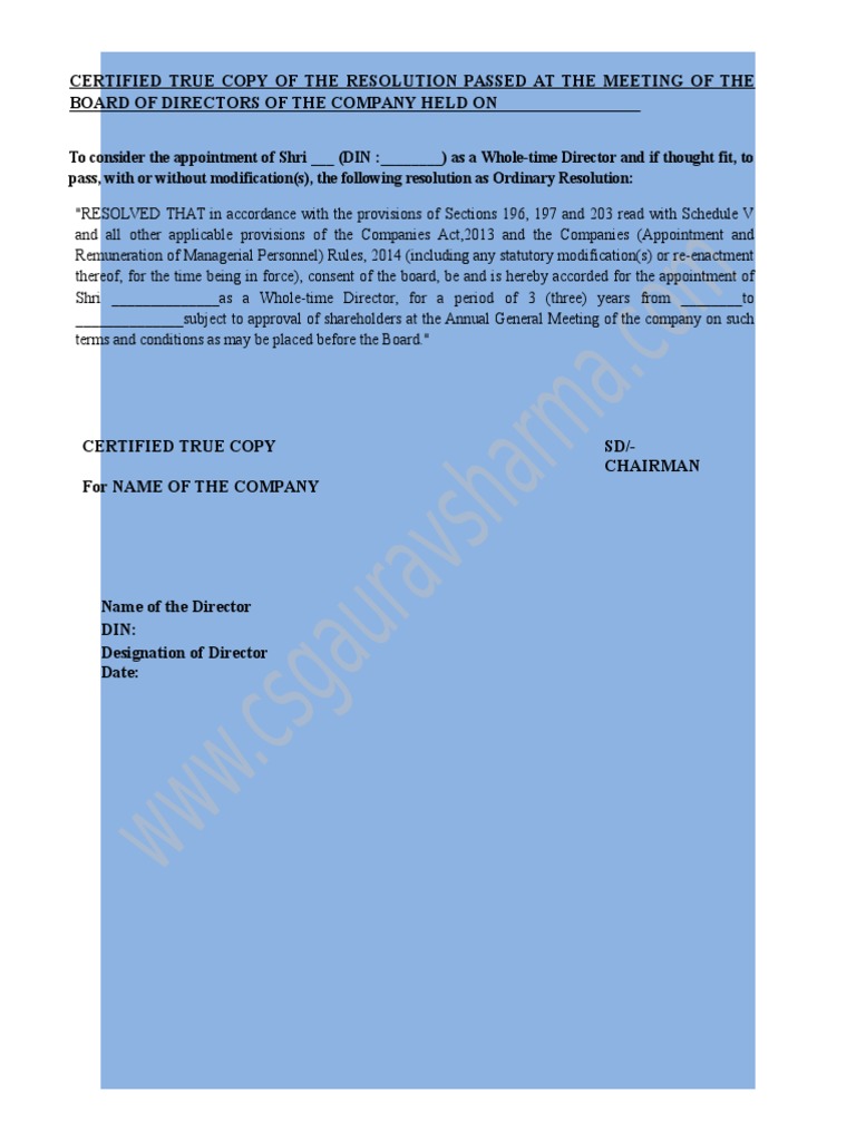 Whole-time Director Appointment Resolution | PDF | Employee Benefits ...